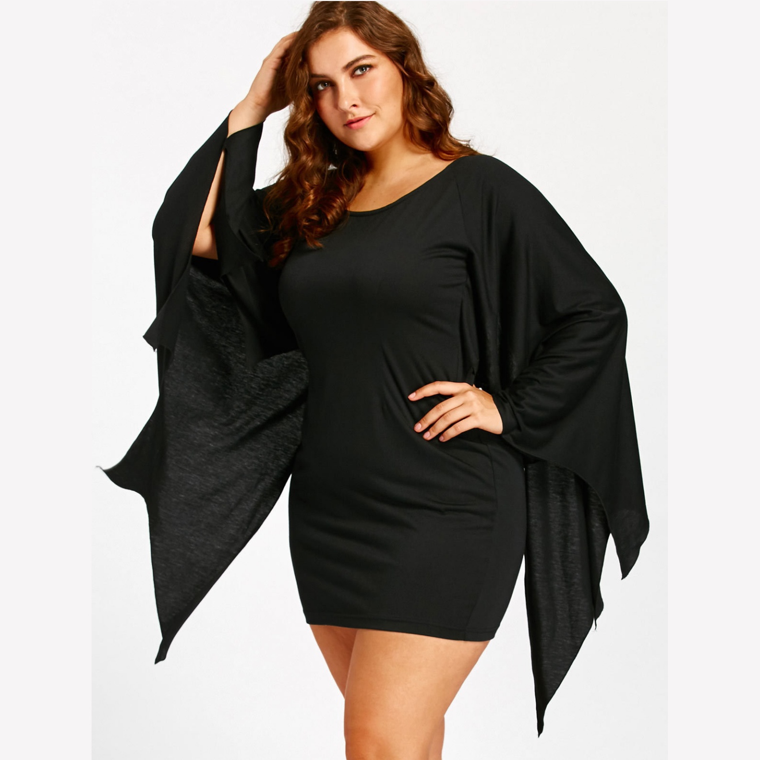 Plus Size Halloween Black Bat Wing Mini Dress Gothic Party Costume for Women